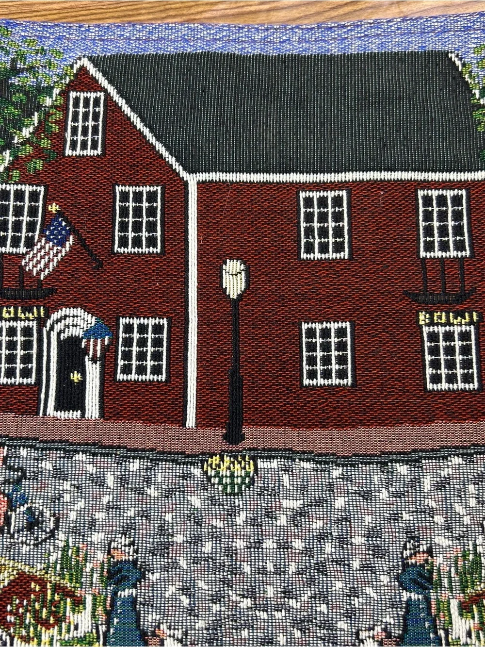 Colonial America Town Scene Tapestry Table Runner Town Common Folk Art 72” x 13”
